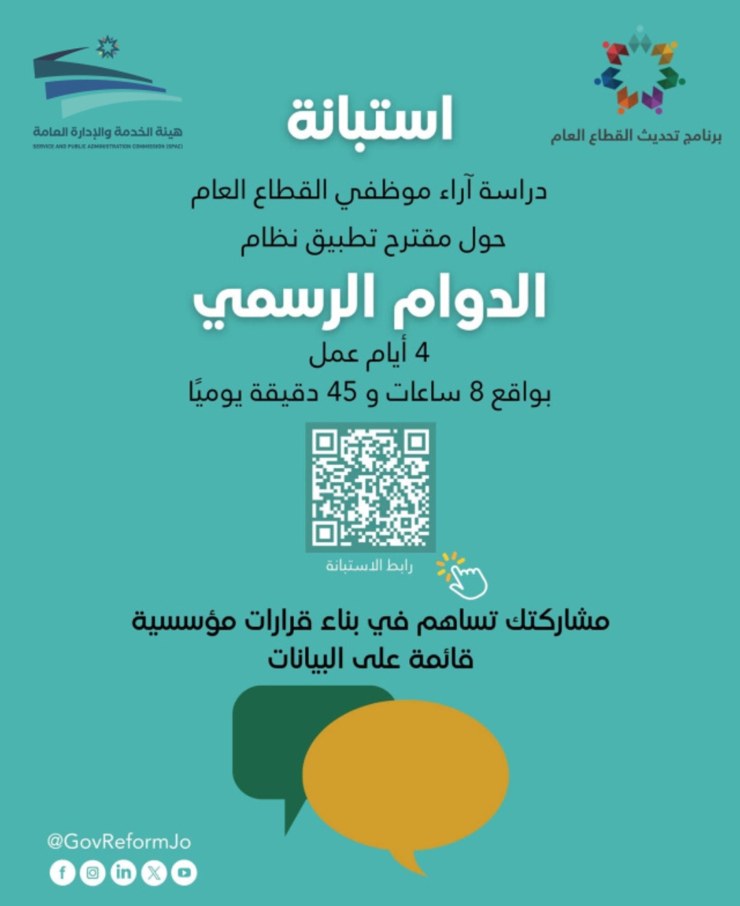 الحكومة الأردنية تطرح استبيان مقترح تطبيق نظام الدوام الرسمي 4 أيام عمل