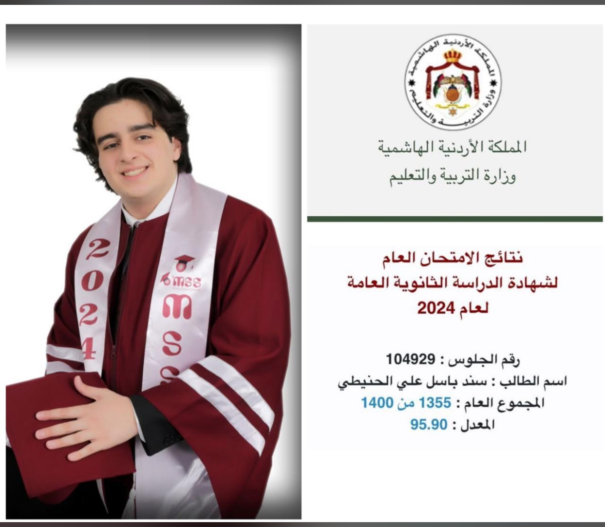 سند نجل الطبيب باسل الحنيطي مبارك النجاح بمعدل (95,9)